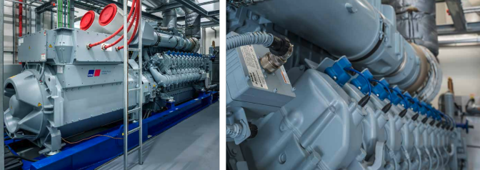 Industrial mtu gas engine inside facility and close-up of mtu engine components. Industrial mtu gas engine inside facility and close-up of mtu engine components.