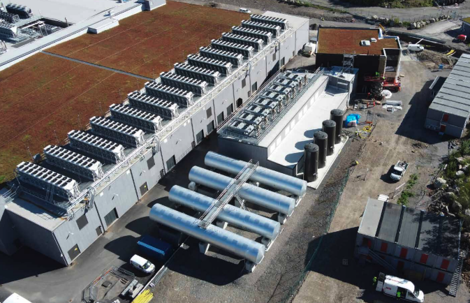 Aerial view of EcoDataCenter facility with surrounding landscape.