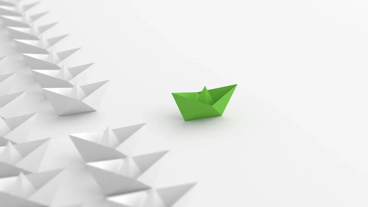 Green paper boat standing out among a fleet of white paper boats, symbolizing leadership and innovation. Green paper boat standing out among a fleet of white paper boats, symbolizing leadership and innovation.
