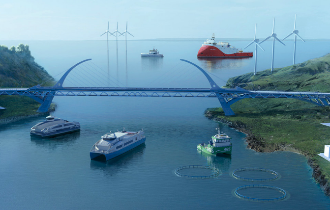 Illustration of ferries and boats operating under red suspension bridge. Illustration of ferries and boats operating under red suspension bridge.