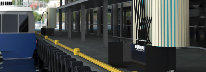 Close-up of a dockside charging station for electric ferries at a modern harbor. Close-up of a dockside charging station for electric ferries at a modern harbor.