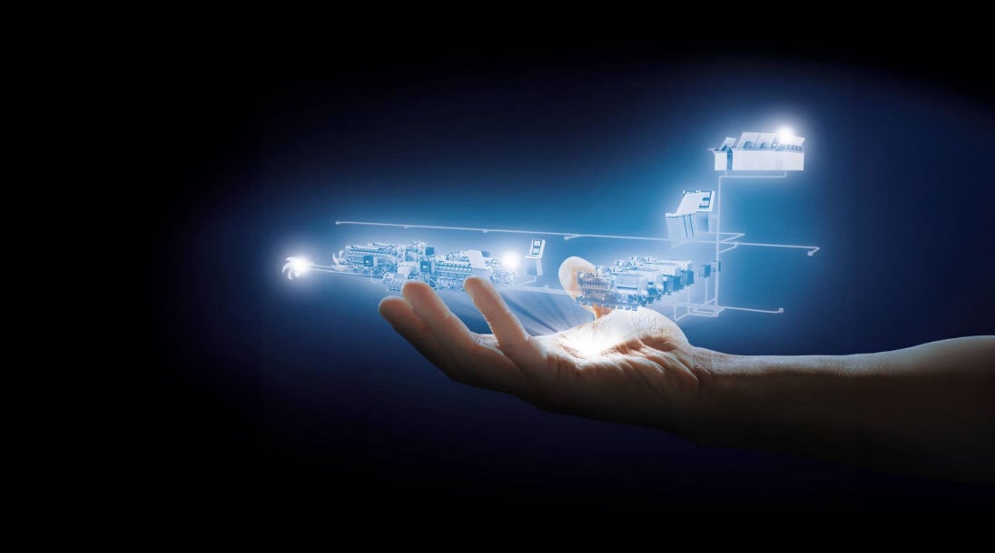 Digital hologram of ship schematic floating above a hand. Digital hologram of ship schematic floating above a hand.