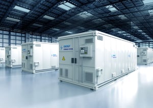 Large indoor installation of energy storage units and control systems.