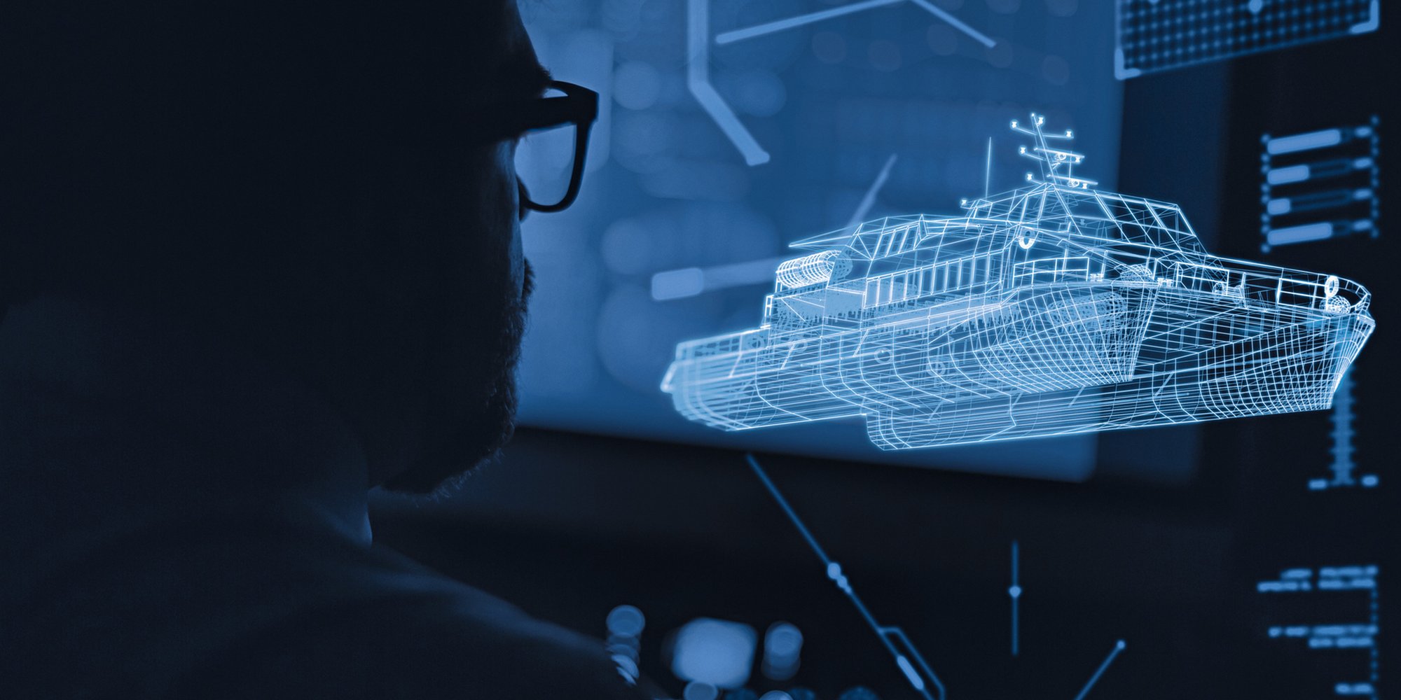 Digital hologram of ship design projected on screen in dark room. Digital hologram of ship design projected on screen in dark room.