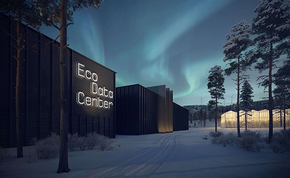 Exterior view of EcoDataCenter building in winter with trees. Exterior view of EcoDataCenter building in winter with trees.